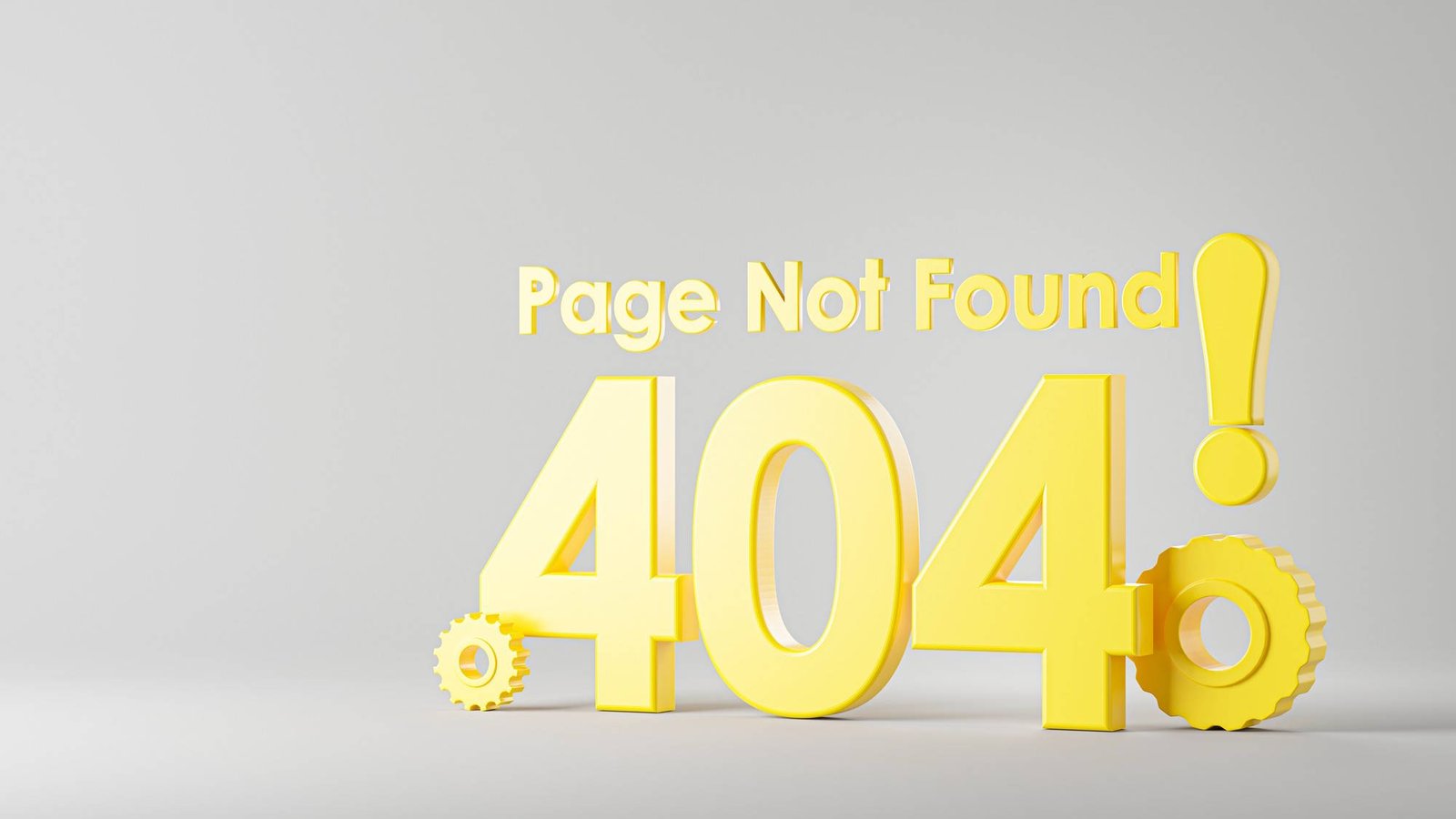 A 3D-rendered digital illustration featuring large, bold yellow numbers "404" with the words "Page Not Found!" in matching yellow text above them. The design includes mechanical gear-like elements around the numbers, set against a neutral gray background, symbolizing a website error or broken link.