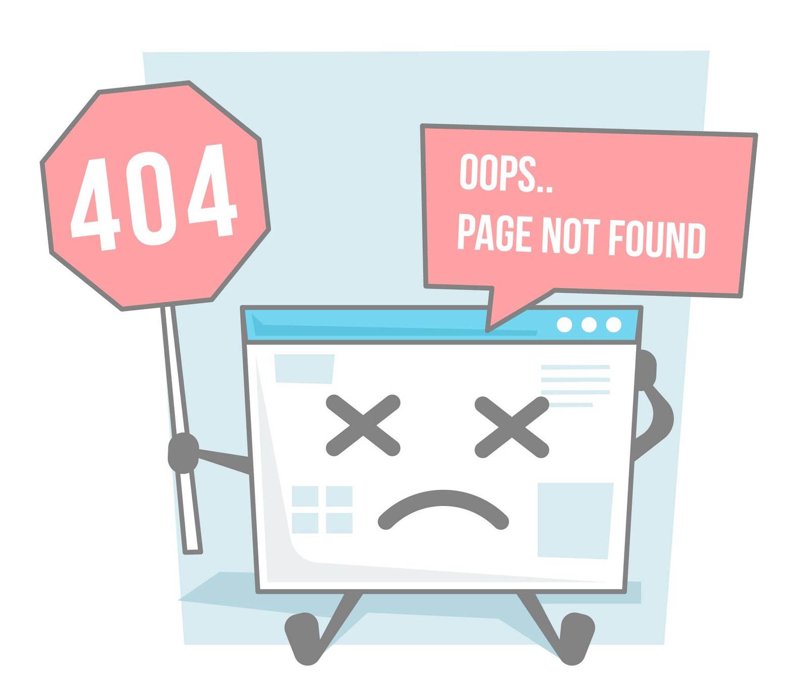 A cartoon-style illustration of a sad web browser window holding a stop sign with "404" written on it, alongside a speech bubble saying "Oops.. Page Not Found."