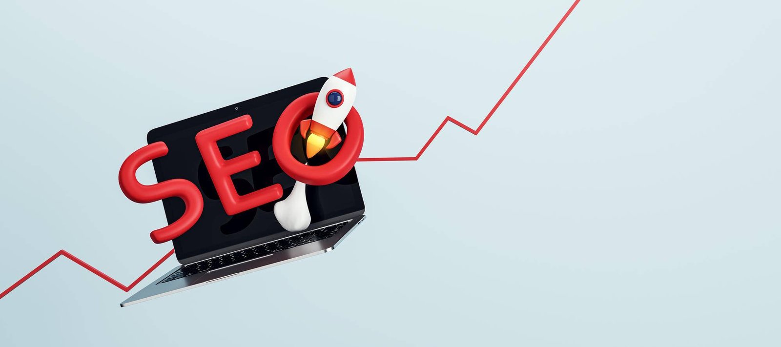 A 3D-rendered digital image representing SEO (Search Engine Optimization) with bold red letters spelling "SEO" emerging from a laptop screen. A small rocket is placed inside the "O," symbolizing growth and optimization. A red line graph in the background rises upward, indicating an increase in website rankings and traffic.