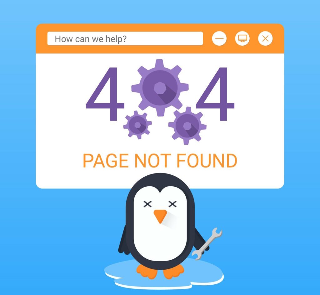 A playful 404 error page design featuring a sad cartoon penguin holding a wrench, standing on an ice floe. Behind it, a browser window displays the message "404 PAGE NOT FOUND" with animated gears, symbolizing a broken or missing webpage. The background is bright blue, creating a fun and engaging visual for website errors.