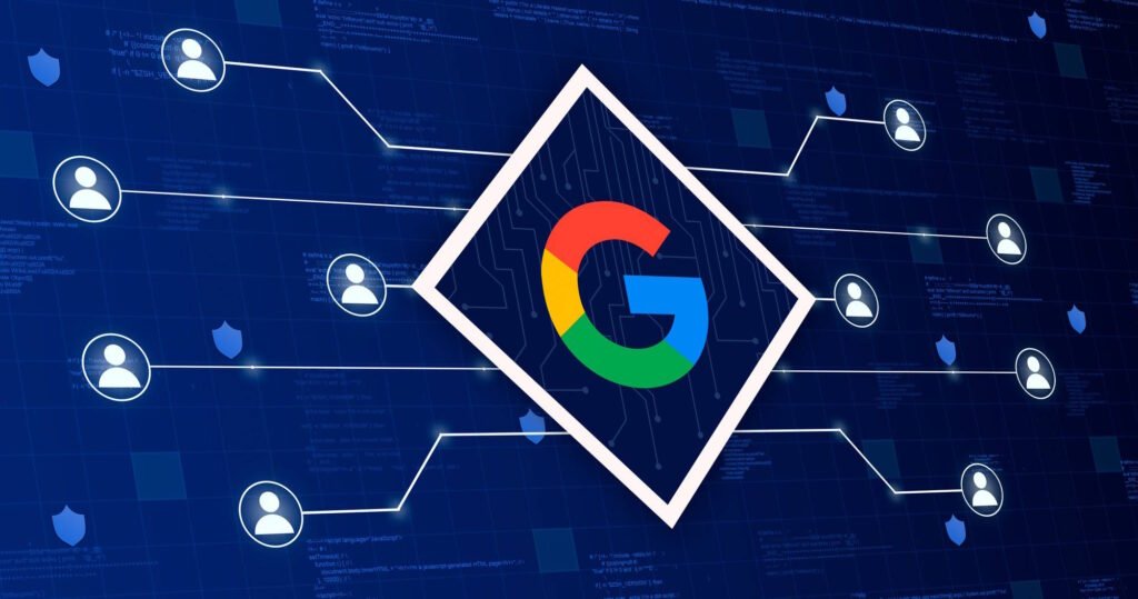 A futuristic digital illustration featuring the Google logo at the center, connected to multiple user icons through a network of lines. The background consists of blue circuit-like graphics with shield icons and code snippets, symbolizing online security, digital connections, and search engine optimization (SEO) authority. The image represents Google's role in link building, data networks, and user interactions.