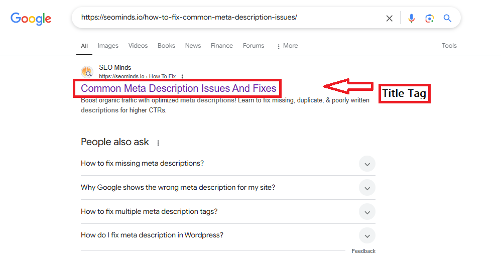 Google search result showing the title tag 'Common Meta Description Issues And Fixes' from the website SEO Minds, along with a snippet explaining how to fix meta description errors.