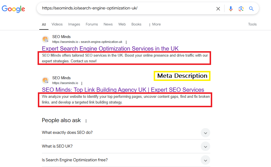 A Google search results page showing SEO Minds' website listings, with meta descriptions highlighted in red and a 'Meta Description' label in yellow for emphasis.