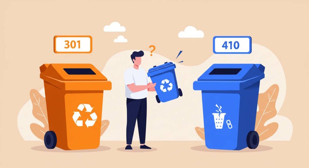 An illustration of a person holding a small blue recycling bin with a puzzled expression, standing between two larger waste bins. The orange bin, labeled "301," has a recycling symbol, while the blue bin, labeled "410," has a broken trash can icon. The illustration visually represents HTTP status codes, with "301" indicating a redirect and "410" signifying content permanently gone.