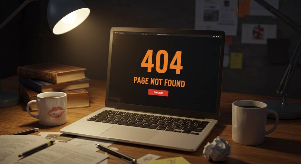 A laptop displaying a "404 Page Not Found" error message sits on a cluttered wooden desk in a dimly lit room. The desk has open books, scattered papers, pens, and two coffee mugs—one with a lipstick print. A desk lamp casts a warm glow over the workspace, while a bulletin board with pinned notes and photos is visible in the background.