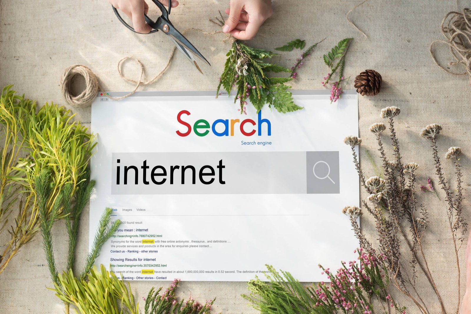 A creative composition blending nature with digital search concepts. A search engine results page is overlaid on a natural background with fresh and dried plants, twine, and a pair of hands cutting greenery with scissors. The word "internet" is prominently displayed in the search bar, symbolizing organic search, SEO growth, and the connection between technology and nature.